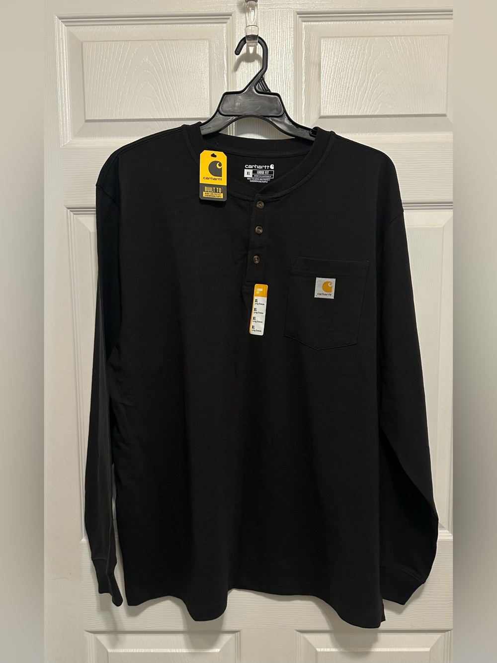 Carhartt Mens Henley Long Sleeve Shirt XL Black Heavyweight Workwear Pocket Tee